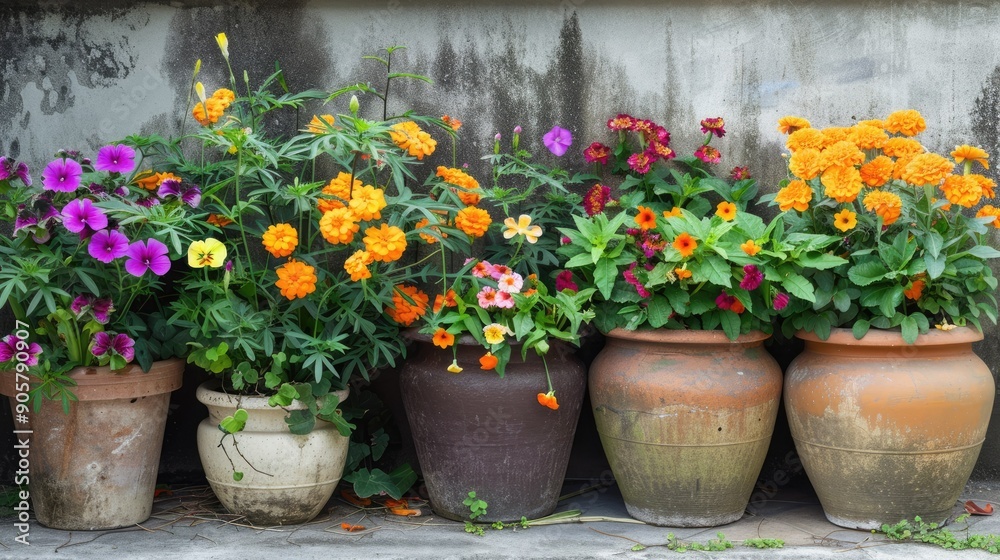 A small urban garden with assorted flower pots filled with bright marigolds and pansies. A small urban garden with assorted flower pots filled with bright marigolds and pansies.