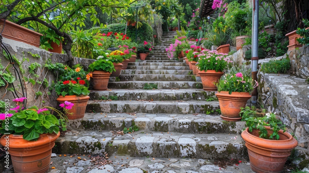 A stone staircase adorned with flower pots in various stages of bloom. A stone staircase adorned with flower pots in various stages of bloom.