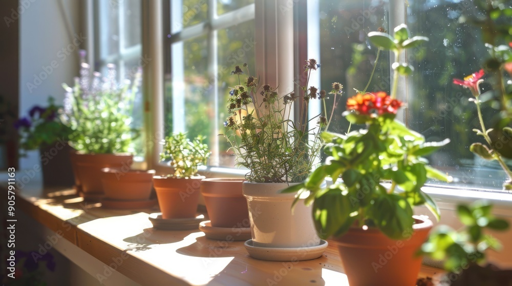 A sunny kitchen windowsill lined with flower pots containing fresh herbs and small flowers. A sunny kitchen windowsill lined with flower pots containing fresh herbs and small flowers.