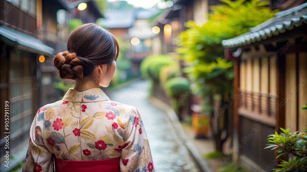 Woman in Traditional Kimono Gazing at Japanese Street, Back View, Flowery Pattern, Japanese Architecture, Kyoto, Japan. , kimono Woman in Traditional Kimono Gazing at Japanese Street, Back View, Flowery Pattern, Japanese Architecture, Kyoto, Japan. , kimono