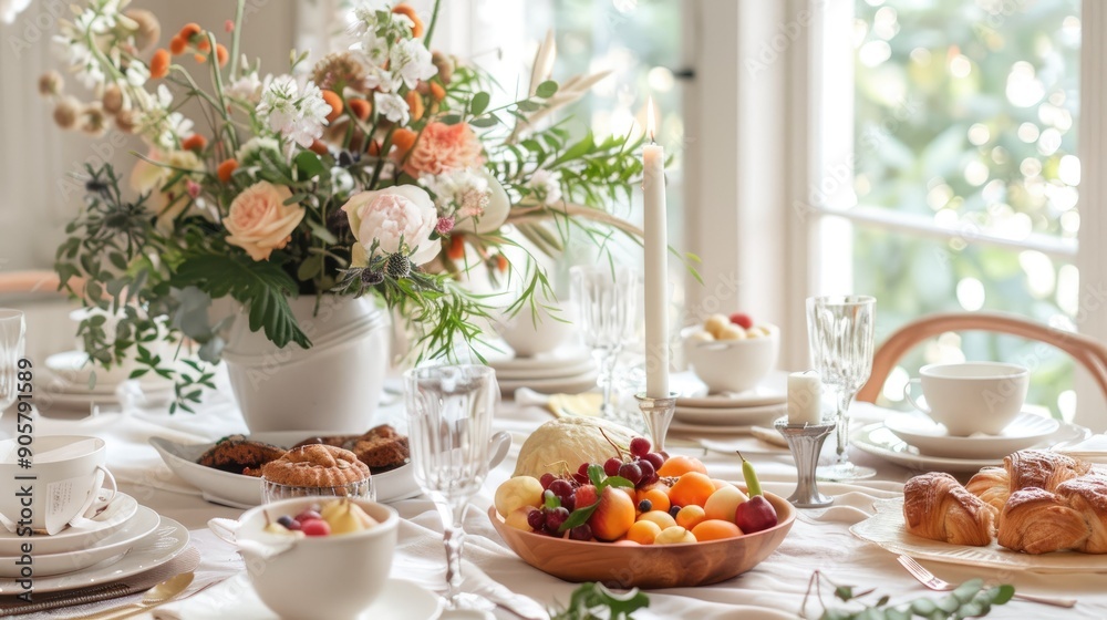 Bright and airy dining table setup with a light, neutral tablecloth, fresh flowers, and a spread of fresh fruits and pastries Bright and airy dining table setup with a light, neutral tablecloth, fresh flowers, and a spread of fresh fruits and pastries