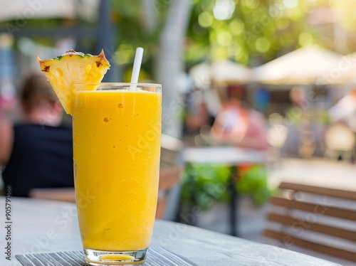 Refreshing Pineapple Drink Served Outdoors at a Sunny Cafe