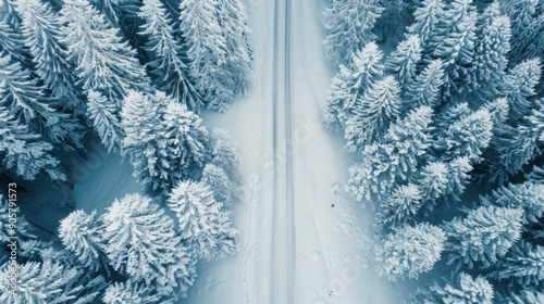 Snow-Covered Road Twisting Through Frosted Evergreen Forest in Winter