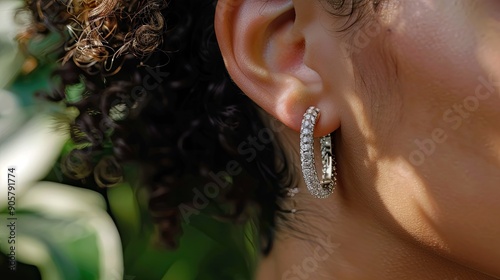 Close-up of a modelaes ear with luxurious diamond hoop earrings, emphasizing their intricate design and glamorous look