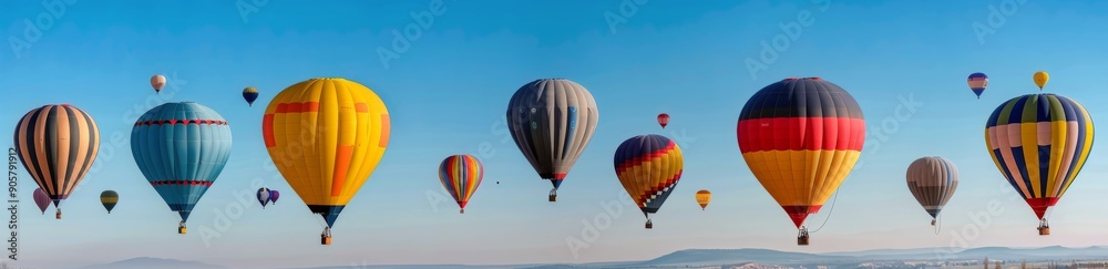 Fototapeta premium Colorful Hot Air Balloons Floating in a Clear Blue Sky at Sunrise