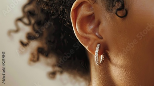 Close-up of a womanaes ear with exquisite diamond hoop earrings, emphasizing their sparkle and elegance against a neutral background