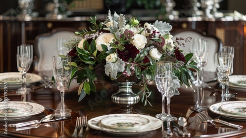 Elegant dining table with a rich mahogany finish, silver cutlery, and a grand floral centerpiece for a sophisticated meal