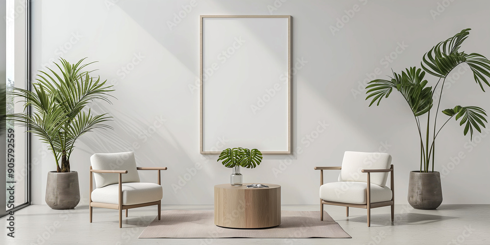 Modern minimalist living room with two armchairs plants and empty frame on the wall Modern minimalist living room with two armchairs plants and empty frame on the wall