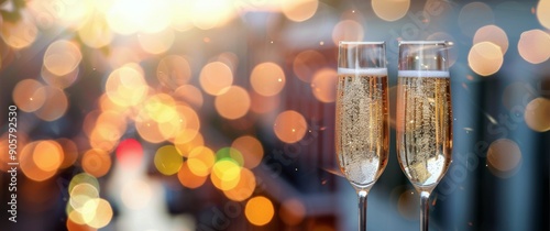 Champagne Toast at Sunset With Blurred City Lights