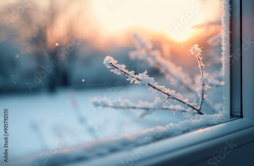 Frosty Branches Framed by a Winter Sunset Through a Window