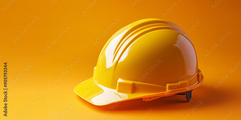 Single yellow hard hat is sitting on an orange background