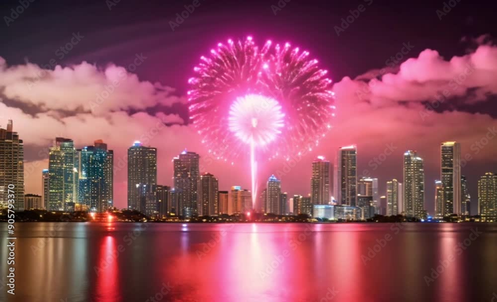 Waterfront Fireworks: Capture a brief but stunning display of fireworks over the Miami waterfront, with reflections shimmering on the water. Waterfront Fireworks: Capture a brief but stunning display of fireworks over the Miami waterfront, with reflections shimmering on the water.