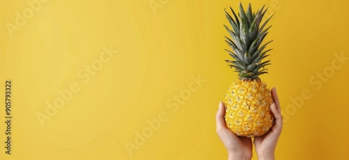 Fresh Pineapple Held Against Vibrant Yellow Background