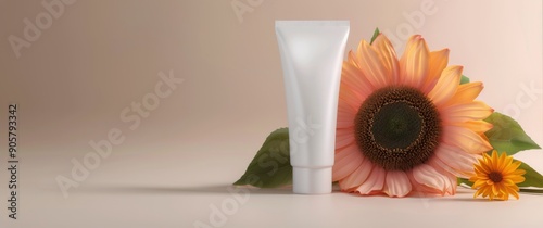 Cream Tube Beside Sunflowers on Soft Surface in Bright Natural Light