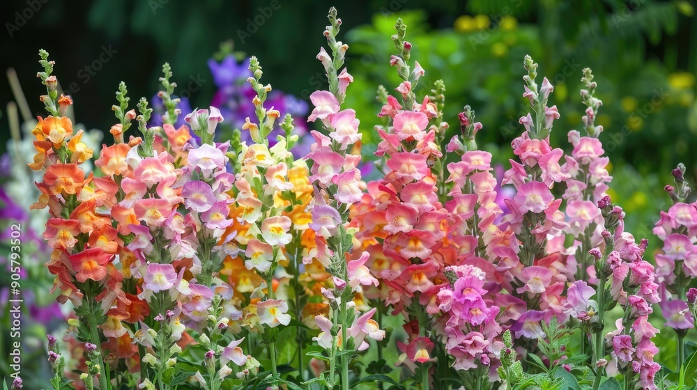 Obraz premium Khun Nai's snapdragons in full bloom, adding height and color to the garden.