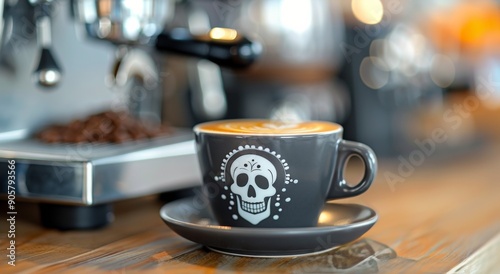 Coffee With Intricate Skull Latte Art Surrounded by Coffee Beans