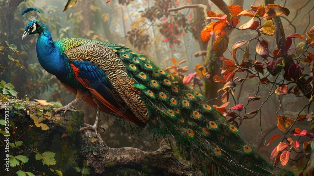 Obraz premium Stunning peacock perched on a tree branch, its elaborate plumage cascading down and blending harmoniously with the surrounding foliage