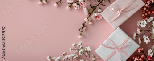 Pink Gift Box With Flowers on a Soft Background