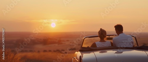 Romantic Sunset Drive on a Long Road in a Convertible