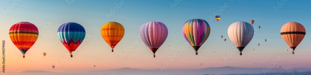 Fototapeta premium Colorful Hot Air Balloons Floating in a Clear Blue Sky at Sunrise