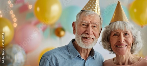 Elderly Couple Celebrating a Birthday With Party Hats and Balloons in Their Home