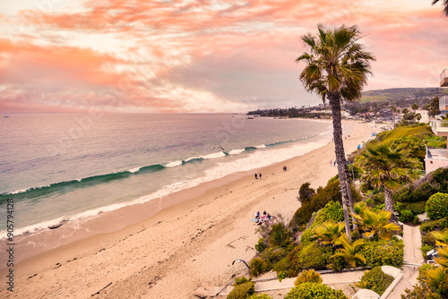 Laguna Beach ocean shoreline with palm trees at Treasure Island Park, Orange County, California USA