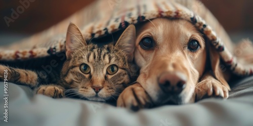 Two Dogs Snuggling Under Cozy Blanket in Warm Indoor Setting