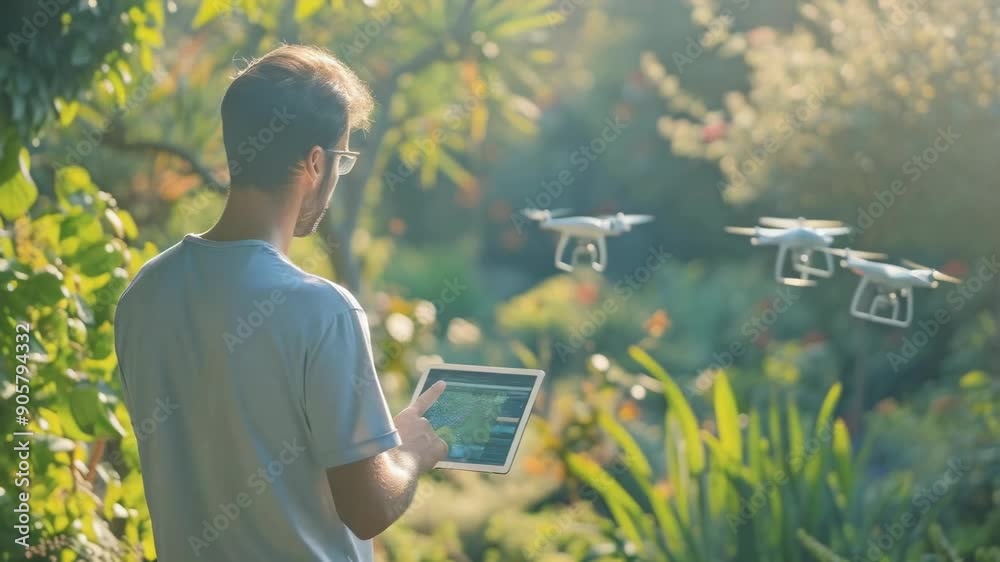 A young Caucasian man controls drones with a tablet in a lush garden during the afternoon. He wears a white t-shirt and glasses, focused on the technology amidst greenery and gentle sunlight.