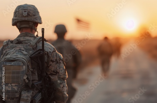 Soldiers Marching at Dusk With American Flag in Background