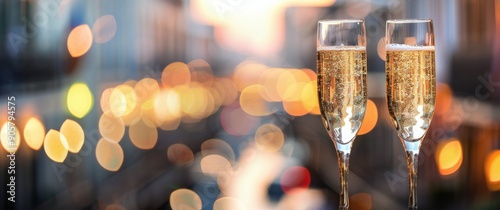 Champagne Toast at Sunset With Blurred City Lights