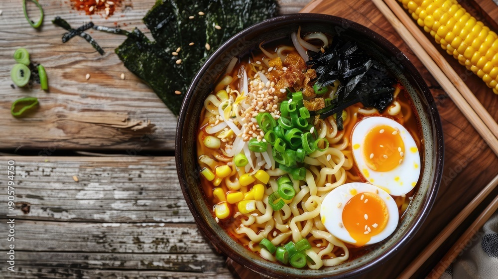Top view of a bowl of miso ramen with soft-boiled egg, corn, green onions, and nori on a wooden table. Top view of a bowl of miso ramen with soft-boiled egg, corn, green onions, and nori on a wooden table.