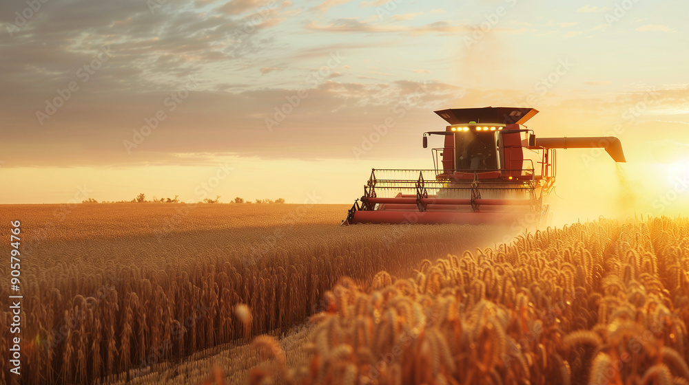Fototapeta premium Soybean harvesting. A modern industrial combine harvests a soybean field.