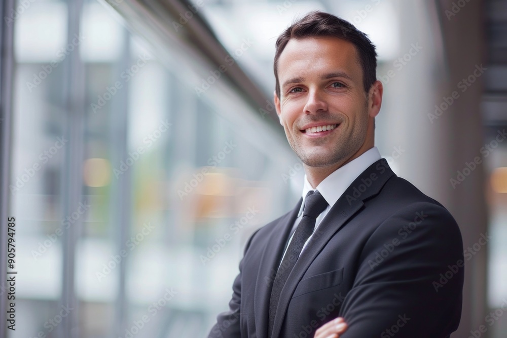 A businessman stands in front of a window, looking out at the cityscape A businessman stands in front of a window, looking out at the cityscape