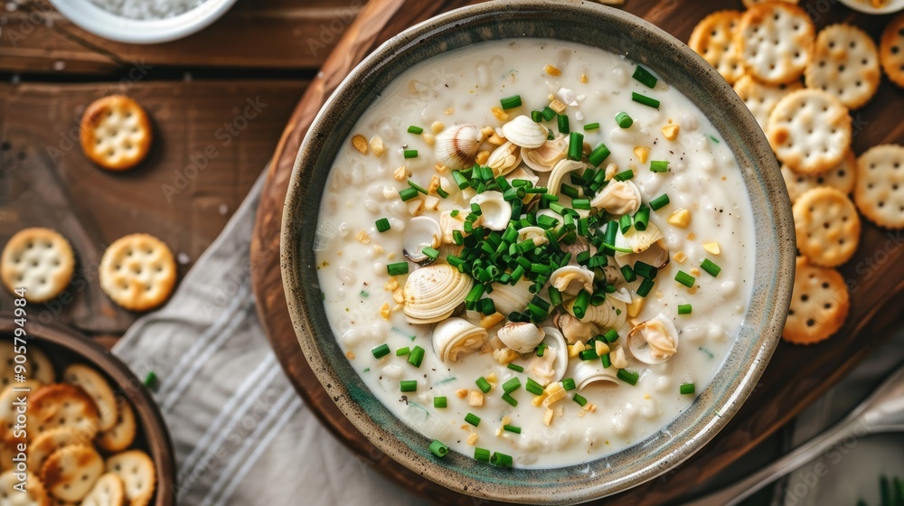 Top view of a classic bowl of clam chowder, garnished with fresh chives and served with oyster crackers on the side Top view of a classic bowl of clam chowder, garnished with fresh chives and served with oyster crackers on the side