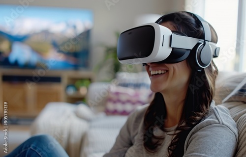 Woman Enjoying Virtual Reality Experience at Home With Friend Relaxing