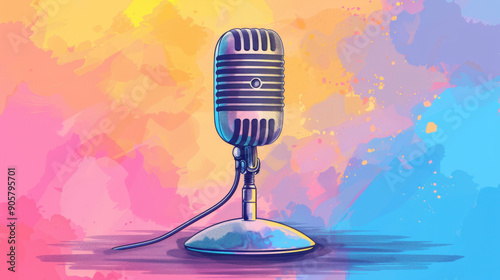 Vintage microphone with a vibrant, colorful background, perfect for themes of music, broadcasting, and retro aesthetics. photo