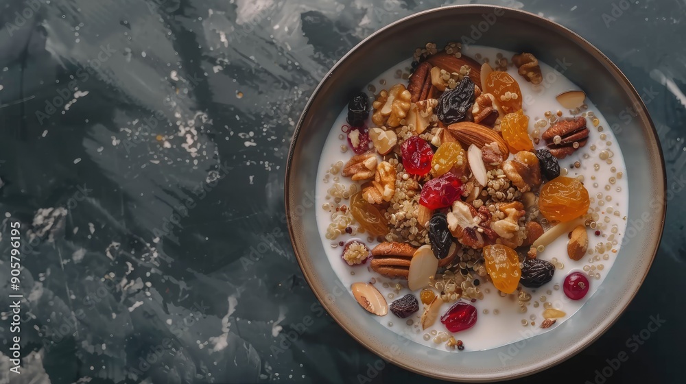 Top view of a healthy breakfast option featuring a bowl of quinoa cereal with milk, nuts, and dried fruits, arranged on a modern kitchen countertop Top view of a healthy breakfast option featuring a bowl of quinoa cereal with milk, nuts, and dried fruits, arranged on a modern kitchen countertop