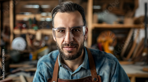 Portrait of a confident carpenter wearing safety goggles while standing in his workshop. The carpenter is proud of his work and enjoys his craft