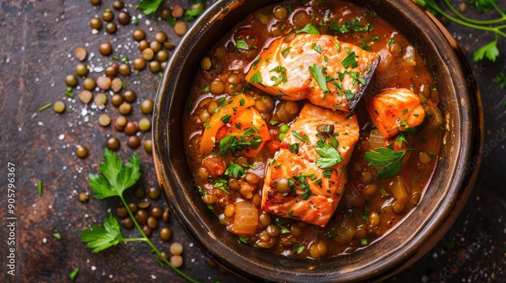 Top view of a hearty salmon and lentil stew, garnished with fresh parsley and served in a rustic bowl. Ideal for comforting and nourishing meal ideas. Top view of a hearty salmon and lentil stew, garnished with fresh parsley and served in a rustic bowl. Ideal for comforting and nourishing meal ideas.