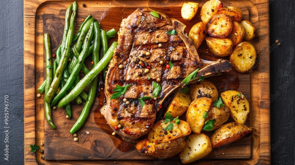 Top view of a pork steak with a side of garlic roasted potatoes and green beans, served on a wooden board. Suitable for classic and comforting meal visuals. Top view of a pork steak with a side of garlic roasted potatoes and green beans, served on a wooden board. Suitable for classic and comforting meal visuals.