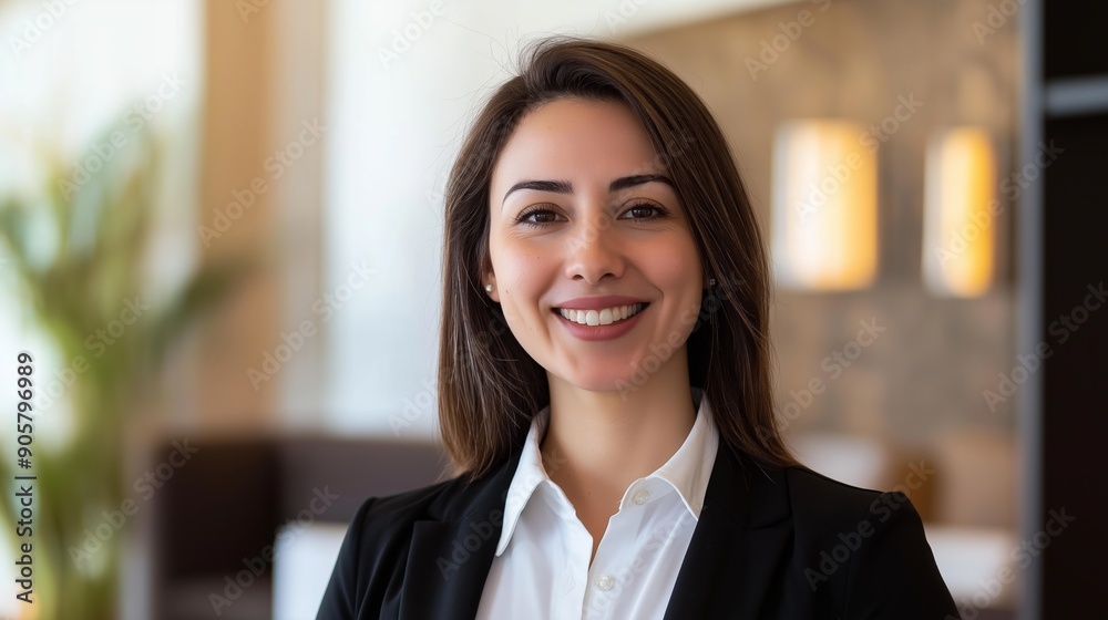 Confident businesswoman striking a pose in hotel lobby, exuding professionalism and success. Radiating approachable, friendly vibe, she represents modern business professional Confident businesswoman striking a pose in hotel lobby, exuding professionalism and success. Radiating approachable, friendly vibe, she represents modern business professional
