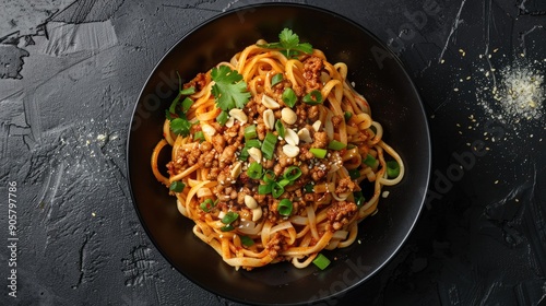 Top view of dan dan noodles with spicy ground pork, peanuts, and green onions in a black bowl.