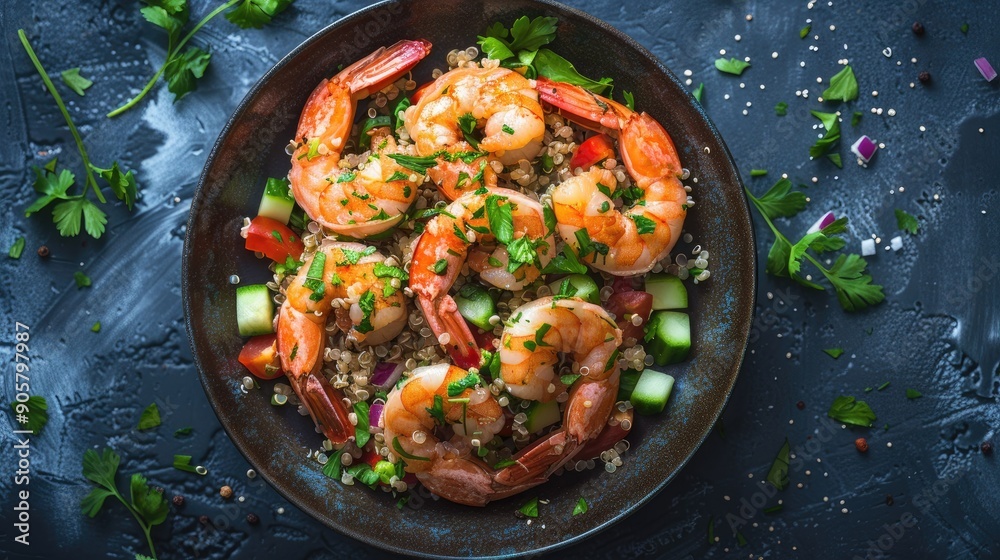 Top view of shrimp steak on a bed of quinoa salad with chopped vegetables and a sprinkle of fresh herbs. A healthy and nutritious seafood meal. Top view of shrimp steak on a bed of quinoa salad with chopped vegetables and a sprinkle of fresh herbs. A healthy and nutritious seafood meal.