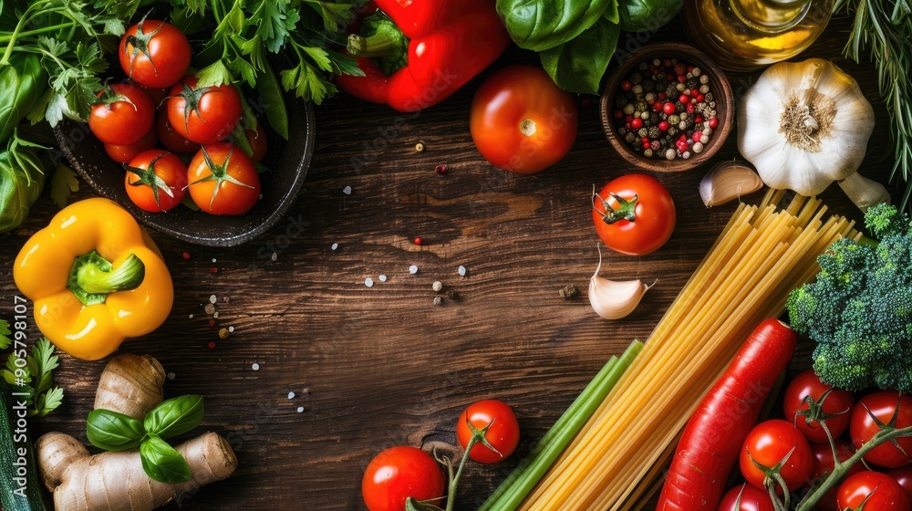 Top view of spaghetti primavera with a variety of fresh, colorful vegetables and a light garlic and olive oil sauce. Top view of spaghetti primavera with a variety of fresh, colorful vegetables and a light garlic and olive oil sauce.