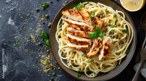 Top view of spaghetti with a zesty lemon and caper sauce, topped with grilled chicken strips. photo