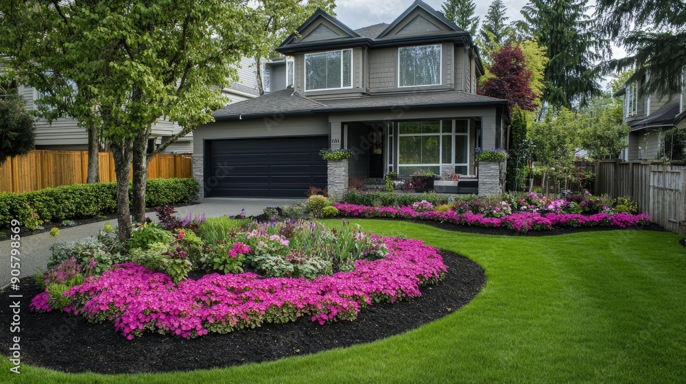 Beautifully arranged flower beds and lush grass enhancing the look of a suburban home's front yard Beautifully arranged flower beds and lush grass enhancing the look of a suburban home's front yard