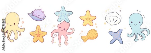 An illustrated set of cute sea animals for kids, such as an octopus, starfish, shells, and crab. Stock children's illustration.