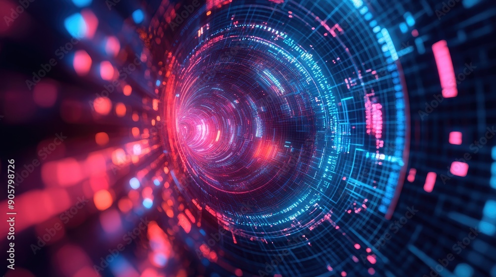 Dynamic 3D technology background featuring rotating polygons and bright digital patterns Dynamic 3D technology background featuring rotating polygons and bright digital patterns