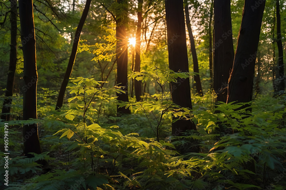 Naklejka premium trees in the forest, with leafs and branches, some sunset light between the forest