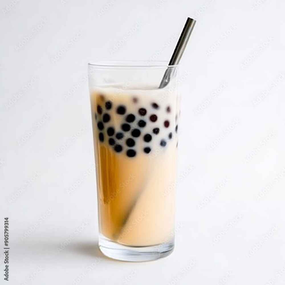 Classic milk tea with black tapioca pearls in a tall glass, presenting a delightful and popular beverage choice Classic milk tea with black tapioca pearls in a tall glass, presenting a delightful and popular beverage choice